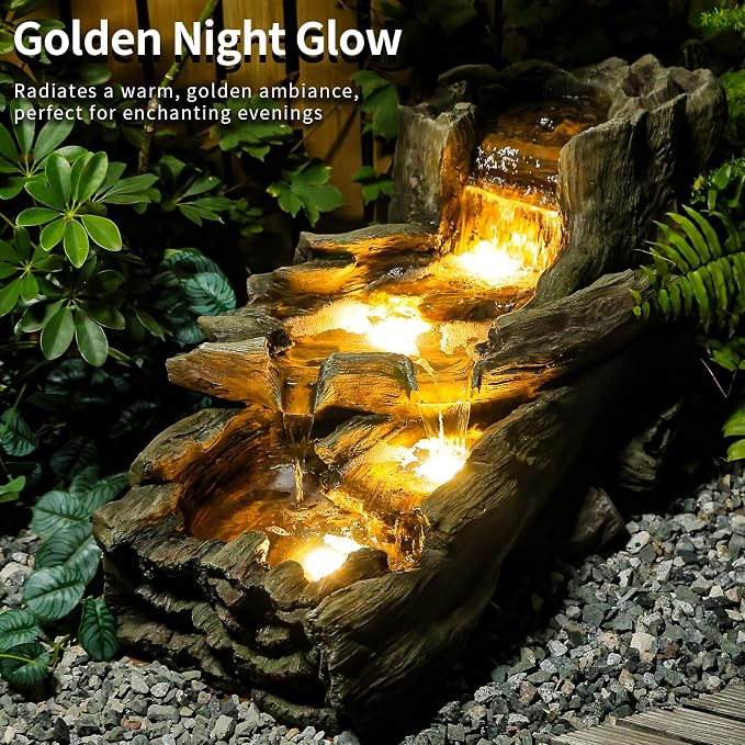 Sunlinua 34.5" L Garden Outdoor Water Fountain, Floor Standing Wood Imitation Resin Natural Waterfall Fountains with LED Lights for Patio, Porch, Home Art Decor