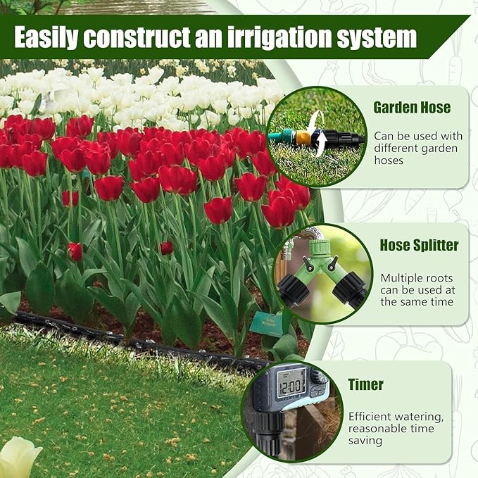 Flat Soaker Hose, Garden Hose with Heavy Duty Double Layer Design, Drip Irrigation Hose Saves 80% Water, Leak Proof Sprinkler Hose for Garden, Lawn, Vegetable plot (100FT)