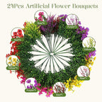 SHareconn 24 Bundles Artificial Flowers for Outdoors Decoration, Faux Plants Fake Silk Colorful Daisy Eucalyptus Lavender, UV Resistant for Outside Home Porch Indoor Spring Decor, RedRosyPurpleYellow