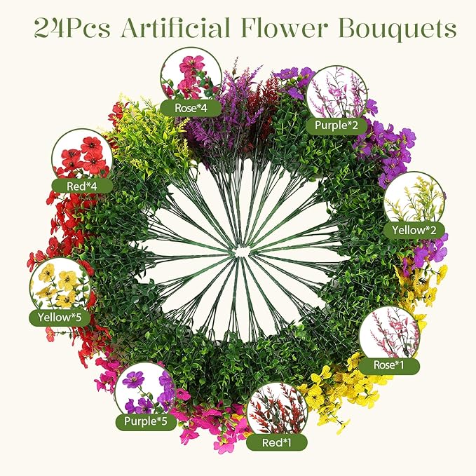 SHareconn 24 Bundles Artificial Flowers for Outdoors Decoration, Faux Plants Fake Silk Colorful Daisy Eucalyptus Lavender, UV Resistant for Outside Home Porch Indoor Spring Decor, RedRosyPurpleYellow