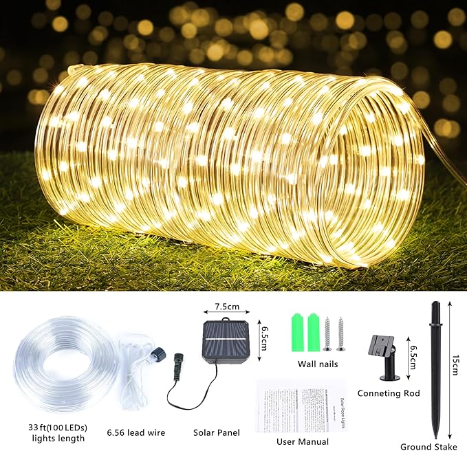 Solar Rope Lights, 33ft 100LED Solar String Lights, 8 Modes Waterproof Solar Powered Outdoor Light, Flexible Clear Tube Light for Garden, Backyard, Patio, Deck, Porch, Pool,Tree Decoration- Warm White