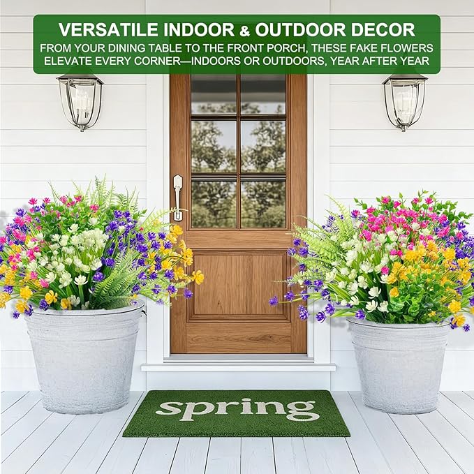 TURNMEON 20 Bundles Artificial Flowers for Outdoors, Spring Grass Camellia Fake Flowers Fern Plants Eucalyptus, UV Resistant No Fade Faux Greenery for Gardens Cemetery Summer Decor(Mixed 6 Styles 2)