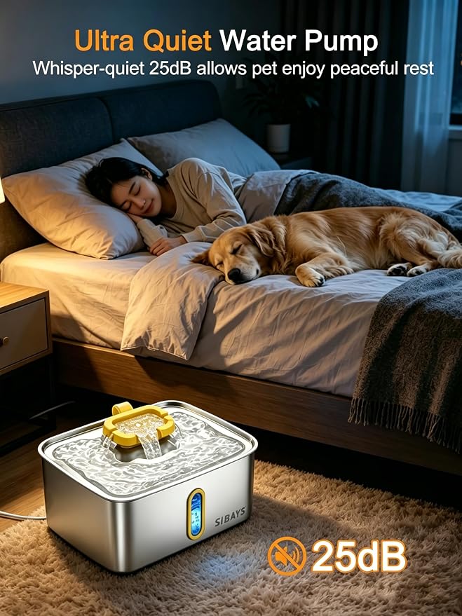 SIBAYS 4Gal/15L Stainless Steel Large Dog Water Fountain, Ultra Quiet Automatic Pet Water Fountain, Dog Water Bowl Dispenser with Water Level Window and LED Light, Easy to Clean(FS78, Silver-Yellow)