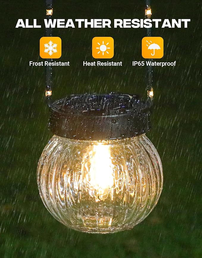 PARTPHONER Solar Lights Outdoor Waterproof 12-Pack, Solar Powered Hanging Lantern Ribbed Glass Hanging Globes for Yard Decor Christmas Decoration, Shepherd Hook, Garden Tree Ornaments, Clear