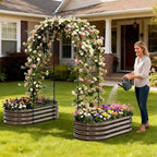 3 in 1 Galvanized Raised Garden Bed with 87" H Arch Trellis for Climbing Plants, Outdoor Gardening Planter Box with Climbing Net for Flower Vegetables Fruits Herbs, Wood Grain