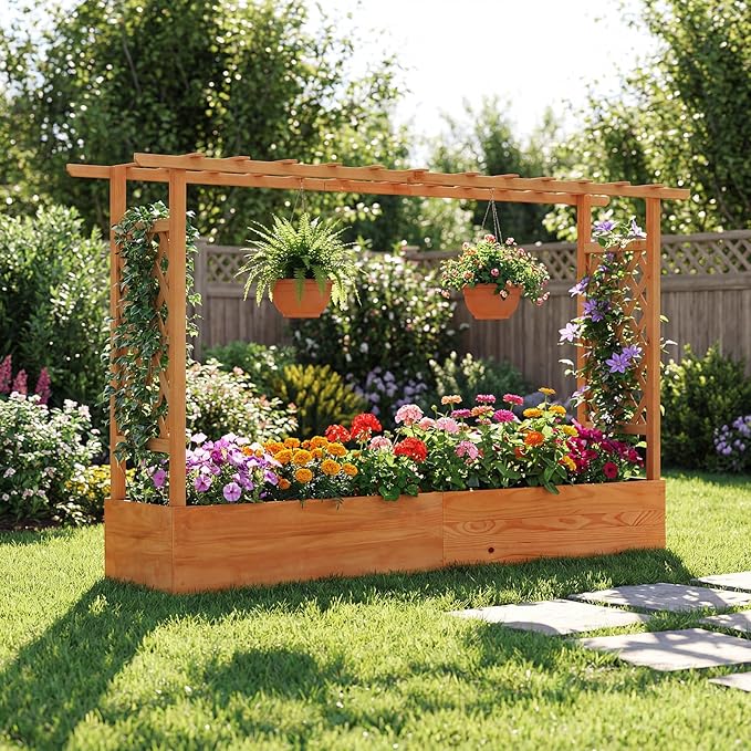 LDAILY Raised Garden Bed with Trellis, Above Ground Garden Bed with Hanging Roof, Side Trellis, & 6 Drainage Holes, Planter Box for Outdoor Climbing Plants Vines Flowers