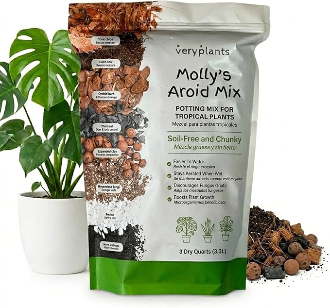 Molly's Aroid Mix - Premium Soilless Potting Mix for Houseplants - Fast Draining, Chunky & Easier to Water vs. Soil for Indoor Plants - with Bark, Coco Chips, Worm Castings, Mycorrhizae 3 Dry Quarts