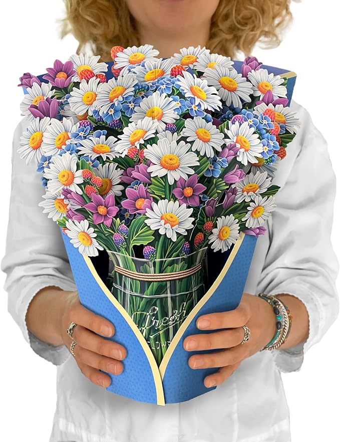 Freshcut Paper Pop Up Cards, Field of Daisies, 12 Inch Life Sized Forever Flower Bouquet 3D Popup Greeting Card, Birthday Cards, Get Well Gifts, Blank Notecard & Envelope