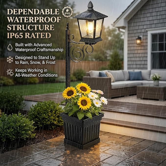 Solar Lamp Post with Planter, 2-in-1 Outdoor Solar Light with Built-in Planter Box, Waterproof Solar Powered Pathway Lamp for Garden Patio, Auto On/Off Warm White Light for Front/Back Door (large35'')