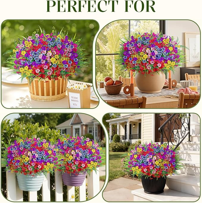 Alupssuc 24 Bundles Artificial Flowers for Outdoors Spring Decoration, UV Resistant Eucalyptus Violet and Lavender Silk Fake Plants for Outside Indoor Decor, Red Rose Purple Blue Yellow Pink