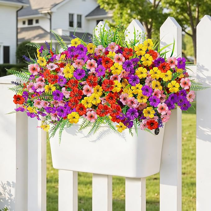 Alupssuc 24 Bundles Artificial Flowers for Outdoors Spring Decoration, UV Resistant Eucalyptus Violet and Lavender Silk Fake Plants for Outside Indoor Yard Home Patio Decor, Red Purple Yellow Pink
