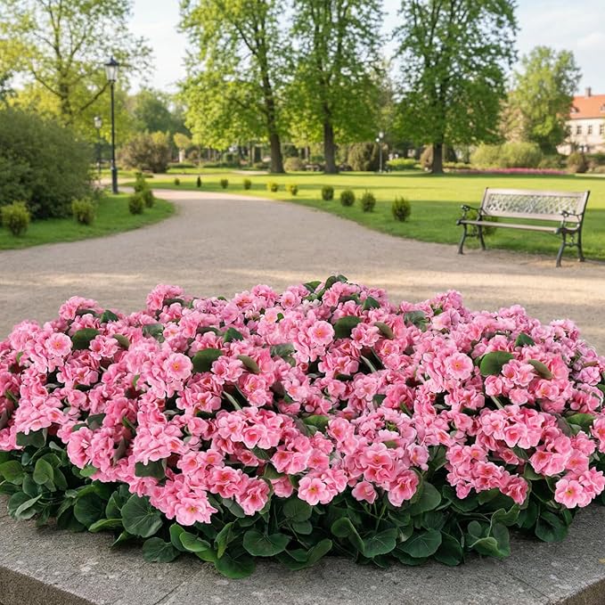 26Pcs Geranium Artificial Flowers for Outdoors Decoration Geranium Silk Flowers Outsides UV Resistant Garden Plant Faux Flower for Front Door Garden Porch Planter Patio Balcony Yard Indoor Home (Pink)