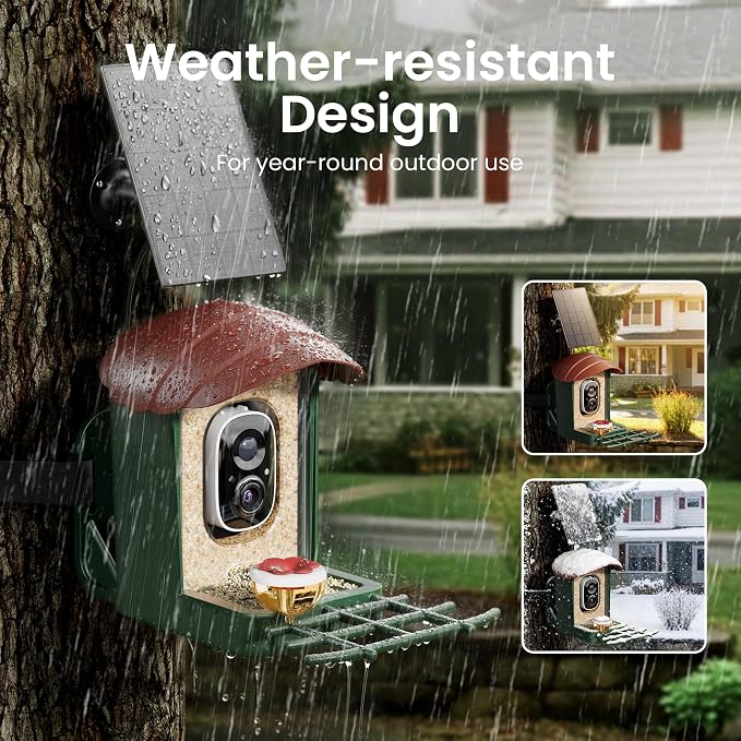 HEAPETS Bird Feeder with Camera Solar Powered, 3K HD Video, AI Bird Recognition, Auto Capture with Instant Notifications, IP65 Weatherproof, Gifts for Fathers Day, Brown