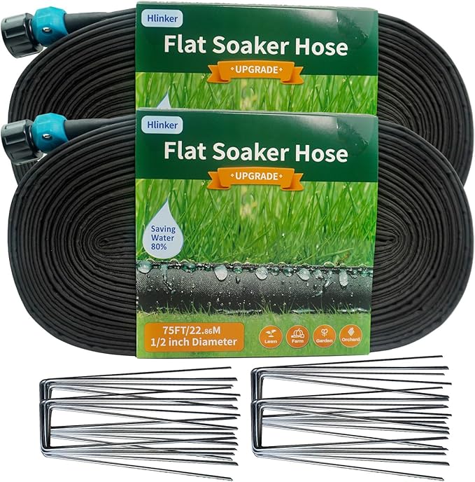 2026 Flat Soaker Hose 150 ft (75ft 2Packs) with Stake for Garden, Linkable Drip Hose Diy Automates Garden Irrigation System Saving 89% Water, Dual-layer Leak-free Design Water Hose with Holes