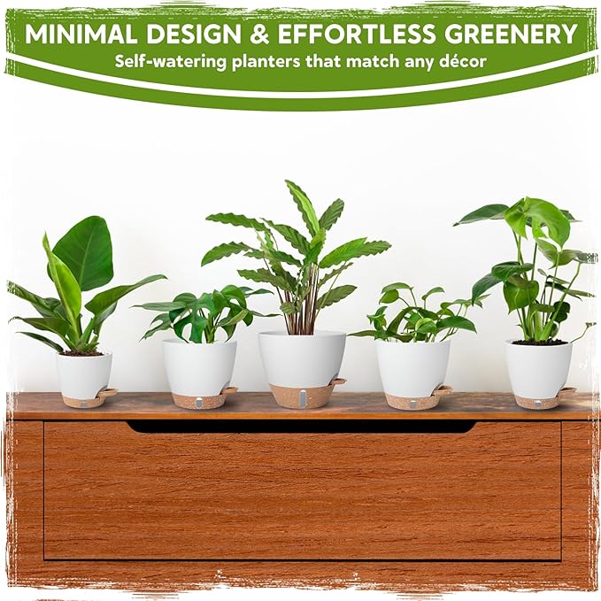 Self-Watering Pots for Indoor Plants with Visible Water Window,5/6/6.5/8/10 Inch Outdoor Flower Pots with Drainage Holes & Reservoir for Patio, Home Decor (White)