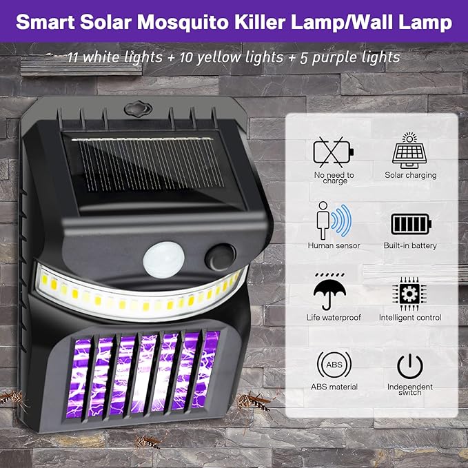 4 Packs Bug Zapper Outdoor 3 in 1 Mosquito Zapper Black Solar Bug Zapper Electric LED Light Mosquito Killer Lamp with Motion Sensor for Outdoor Backyard Patio Camping