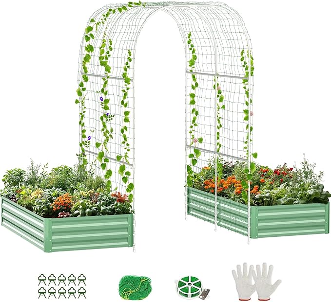 3 in 1 Galvanized Raised Garden Bed with 87" H Arch Trellis for Climbing Plants, Outdoor Gardening Planter Box with Climbing Net for Flower Vegetables Fruits Herbs, Green