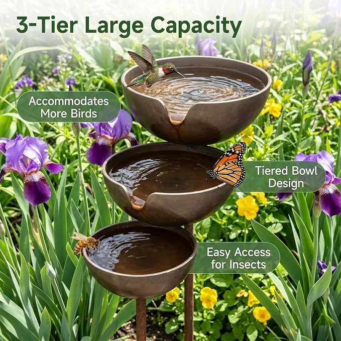 Metal Rainwater Collector Garden Stake, 3 Tier Cascading Bird Bath | 2026 New Outdoor Garden Decorative Flower Bed Rainwater Collector and Bee Watering Station 25inches 2pcs