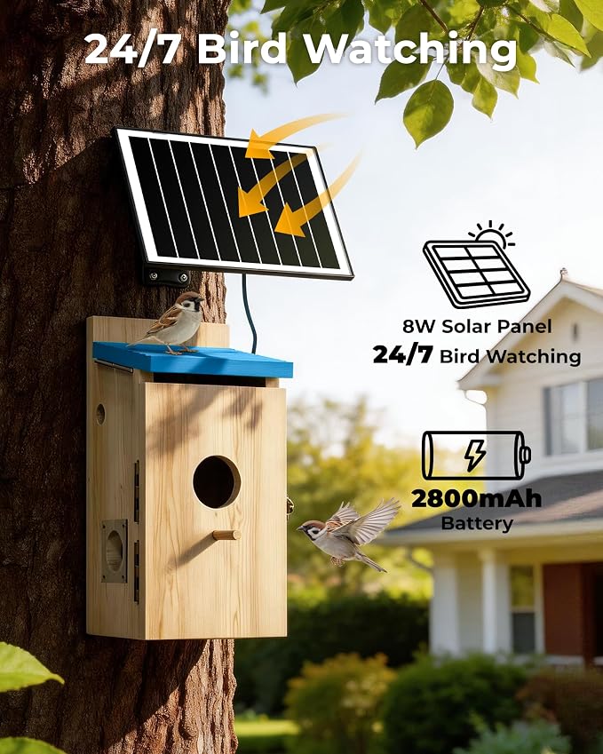 Bird House with Camera Solar Powered, Wi-Fi,Motion Detection & Night Vision,Pine Wood Birdhouse with Camera Inside,Ideal for Backyard & Nature Lovers(Light Blue)