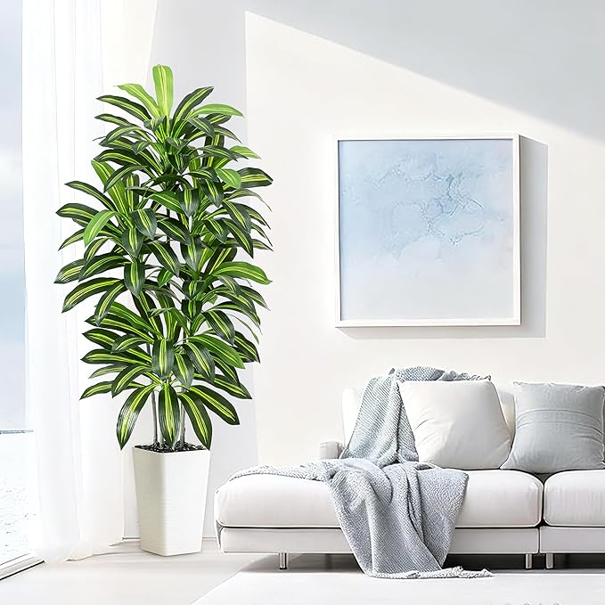 Artificial Dracaena Tree - 6FT Tall Fake Plants with White Tall Planter - Artificial Plants Indoor Floor Plant in Pot - Large Tropical Fake Yucca Potted Tree for Home Office Living Room Decor