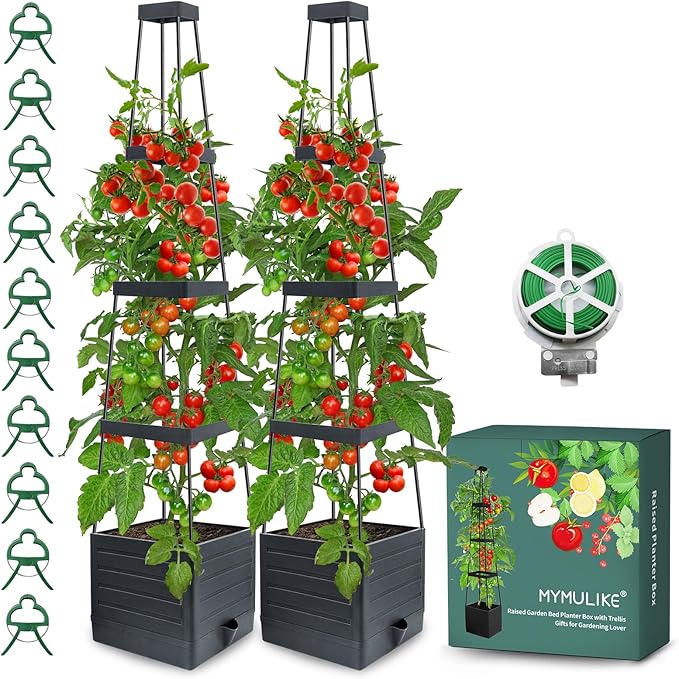 MYMULIKE 2 Pack Raised Garden Bed Planter Box with Trellis, 58” Tomato Cage Planter Raised Garden Bed with Trellis for Climbing Vegetables Plants Tomato Cage w/Self-Watering, Indoor Outdoor Use
