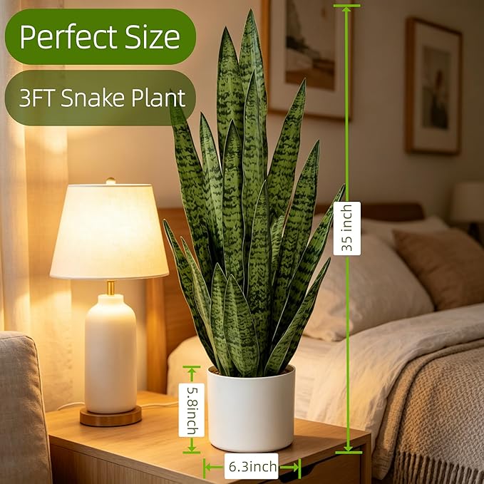 Fake Snake Plant, 35" Artificial Potted Plant with White Pot, Realistic Faux Plant for Home Decor, Low Maintenance No Watering Needed for Desk Corner Office & Pet Areas (Green 35in)
