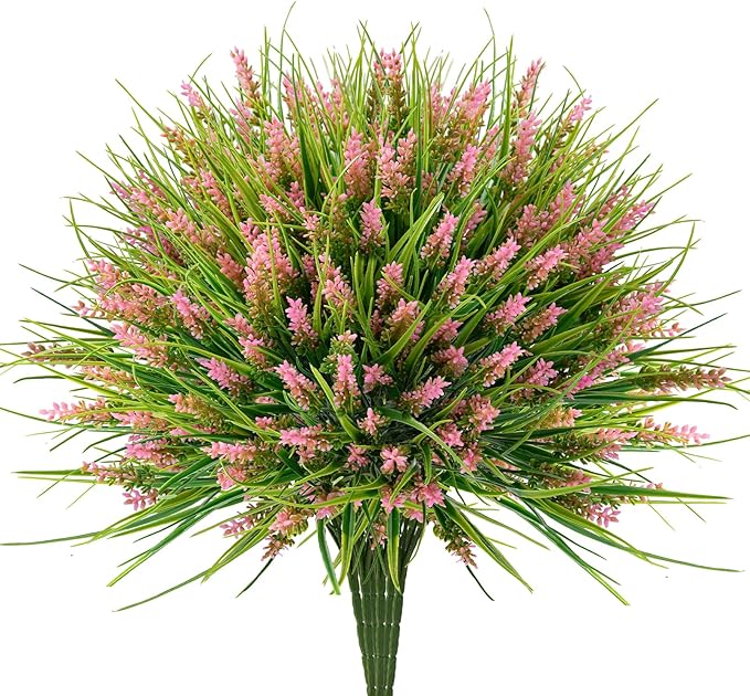 20 Bundles Artificial Plants Outdoor, UV Resistant Fake Flowers， Realistic Faux Lavender Shrubs for Porch Garden Window Box Home Decoration (Pink)