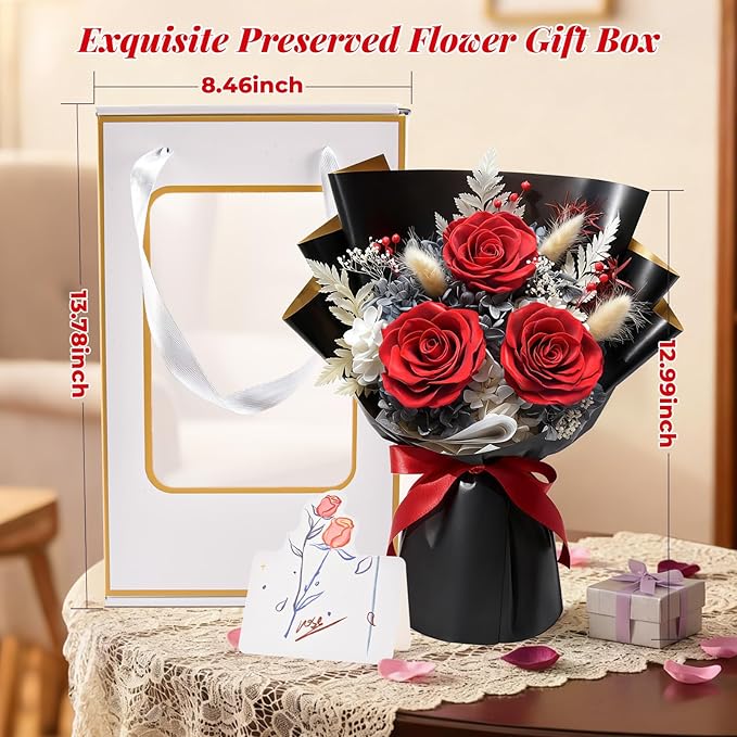 Preserved Flowers Bouquet, Flowers for Delivery,Handmade Red Rose Bouquets Lasting 3-5 Years, Luxury Gift Box,Birthday Flowers Gifts for Women Mom Grandma Wife Friends