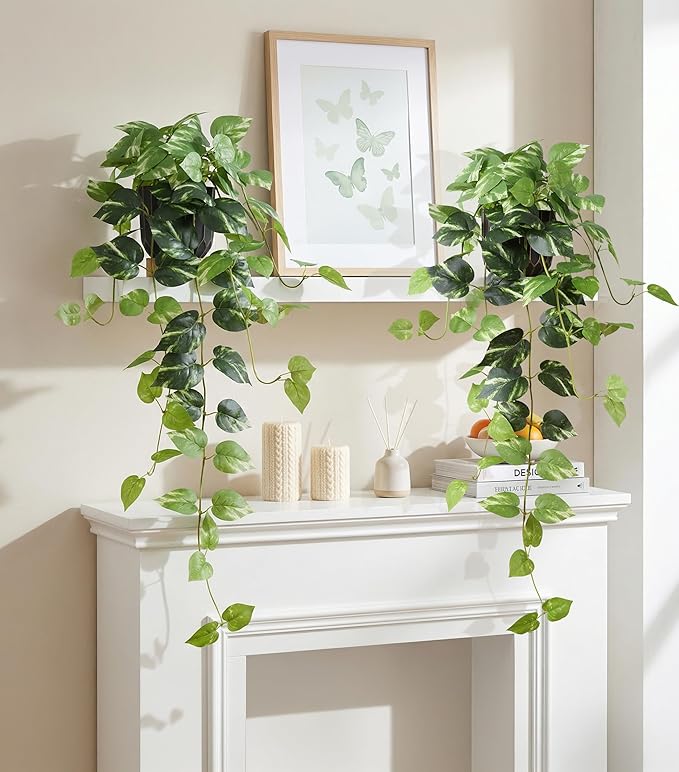 Fake Plants 2 Pcs Faux Pothos Plants Potted Indoor Artificial Hanging Plants Realistic Fake Greenery Table Desk Bathroom Office Bedroom Living Room Shelf Modern Farmhouse Decor Outdoor