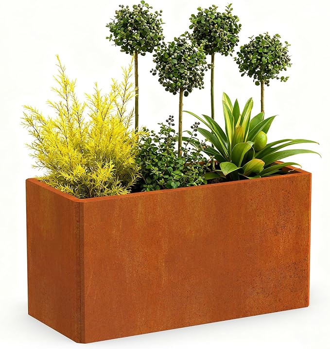 Co rten Steel Planters, 36X15X15 inch Large Rectangular Trough, All-Weather Rust-Resistant Design for Porch, Patio, Garden, Brown