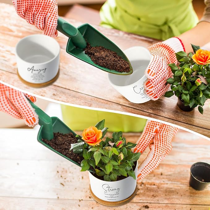 Sieral 4pcs Mothers Day Christian Gift Bible Verse Succulent Pots 3 x 3 x 2 Inch Mini Ceramic Succulent Planters with Bamboo Tray Small Plant Pots Gift for Church Women, Plants Not Included (Classic)