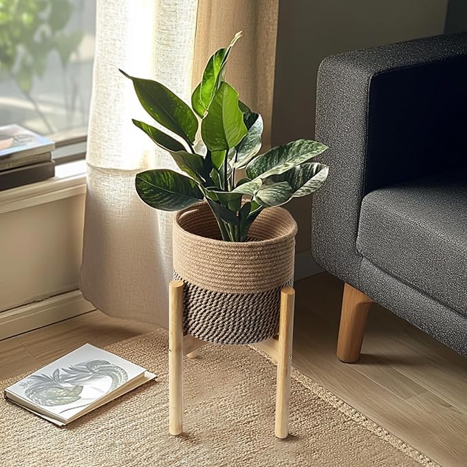 Plant Basket with Stand, Indoor Round Wicker Basket Plant with Bamboo Wood Stand, Decorative Woven Rope Flower Indoor Planter with Legs, Boho Bamboo Wood Planter Holder (Jute Black Stripes)