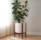 D'vine Dev Ceramic Planter with Walnut Color Stand - 14 Inch Modern Round Flower Pot with Wood Planter Holder, Oatmeal, 55-B-T-8