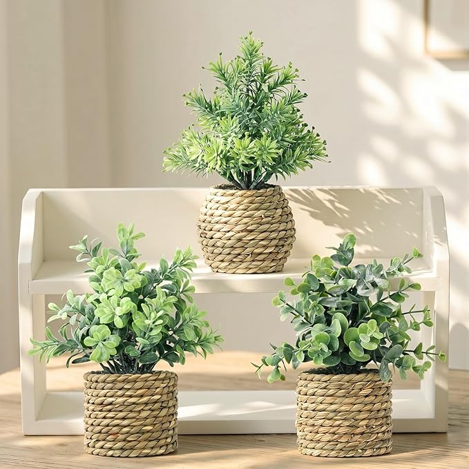 Small Fake Potted Plants: 9 Inches Artificial Plants with Seagrass Handwoven Planters, Indoor Farmhouse Decorations, Eucalyptus Plant for Home Bathroom Office Shelf Tabletop Desk Room Decor