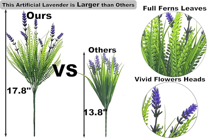 17.8" Tall Artificial Faux Plants Flowers for Outdoor Decorations, UV Resistant Fake Lavender Flowers Realistic Fake Plants Monkey Grass for Porch Garden Patio Window Box Courtyard