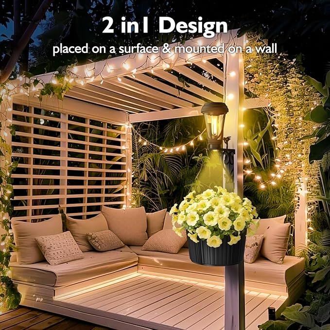 7.9 Inch Solar Lights Planter Dual-Sided 3000K Warm White Lighting, 2 in1 (Wall/Stand) Flower Pots, Auto on/Off IP65 Solar Post Light with Planter Waterproof for Yard, Patio, Porch, Pathway Decor