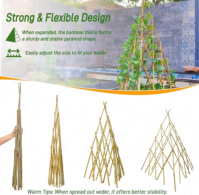 6ft Expandable Bamboo Teepee Trellis for Climbing Plants, Self-Standing Natural Bamboo Trellis for Plant Support, Folding Garden Trellis for Vines Flowers Vegetable Indoor Outdoor