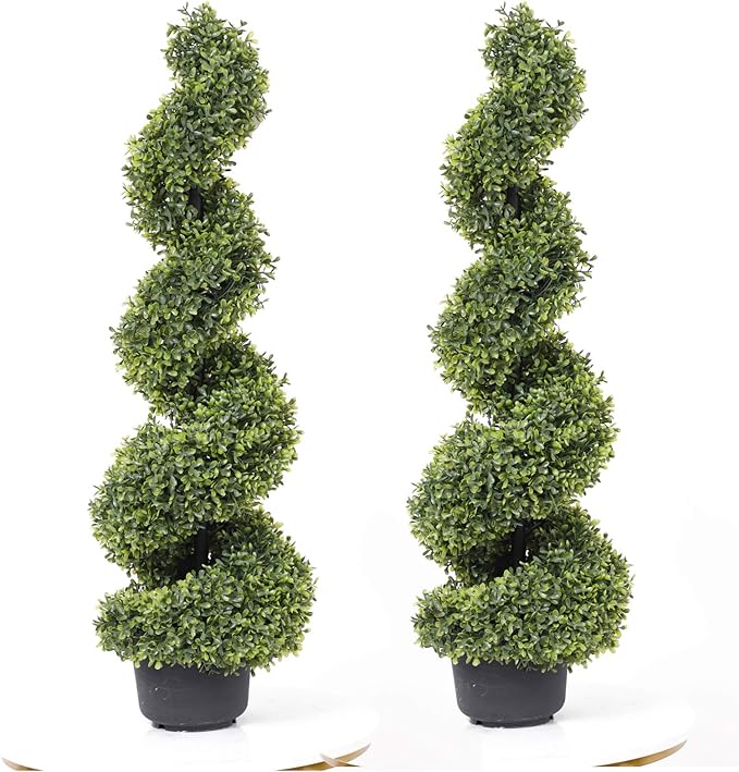 35 Inch Artificial Boxwood Topiary Tree Spiral Plants Fake Faux Plant Decor in Plastic Pot Green Indoor or Outdoor, Set of 2