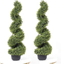 35 Inch Artificial Boxwood Topiary Tree Spiral Plants Fake Faux Plant Decor in Plastic Pot Green Indoor or Outdoor, Set of 2