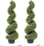 35 Inch Artificial Boxwood Topiary Tree Spiral Plants Fake Faux Plant Decor in Plastic Pot Green Indoor or Outdoor, Set of 2