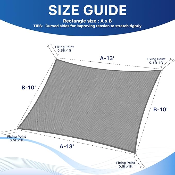 RoomHacks 10'x13' Sun Shade Sail, UV Protection Outdoor Shade, Curved Tear Resistant Heavy Duty Sun Shade for Patio Garden, Backyard, Deck, Car Port, Playground, (Grey)
