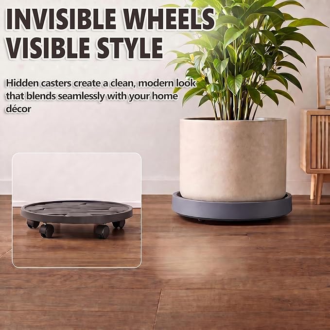 9.8Inch Plant Caddy with Hidden Wheels, Rolling Plants Stand with Wheel, 4 Invisible Casters, Indoor Plant Saucers on Wheels, Heavy Duty Wheeled Plant Dolly, Planter Roller Base, Gray, 2Pack