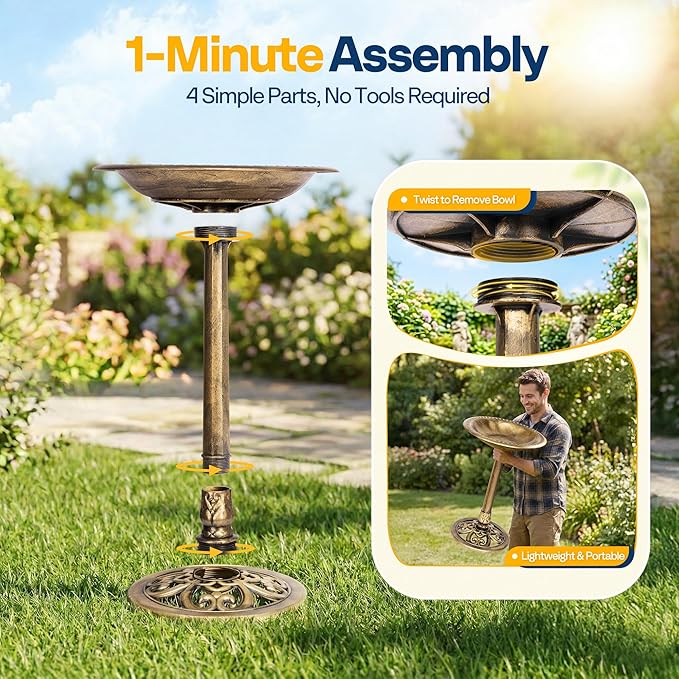 VIVOHOME Bird Bath for Outside, Polyresin Pedestal Bird Baths for Outdoor, Garden, 28 Inch Height Weather-Resistant Birdbaths with 20" Bowl, Antique Copper