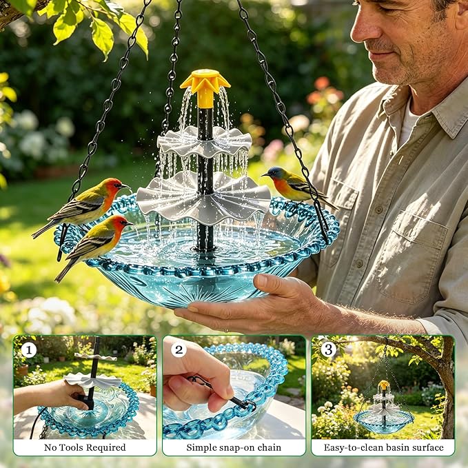 Solar Hanging Bird Bath Fountain - Upgraded 3-Tier Hanging Birdbath, Bird Baths for Garden Patio Yard Decor, Blue Outdoor Humming Birds Cascade Baths Fountains