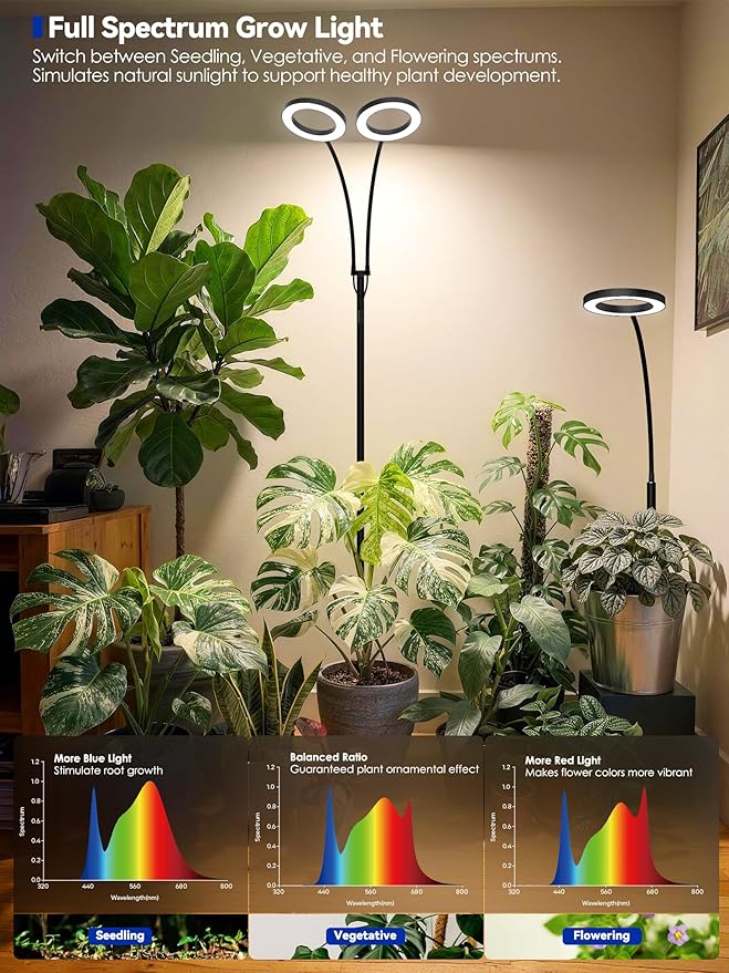 GLOWRIUM Grow Lights for Indoor Plants, Full Spectrum LED Grow Light Floor Lamp with Stand Adjustable Height and Angle, Black Plant Light with 3/9/12H Grow Light Timer (Black, 20W)