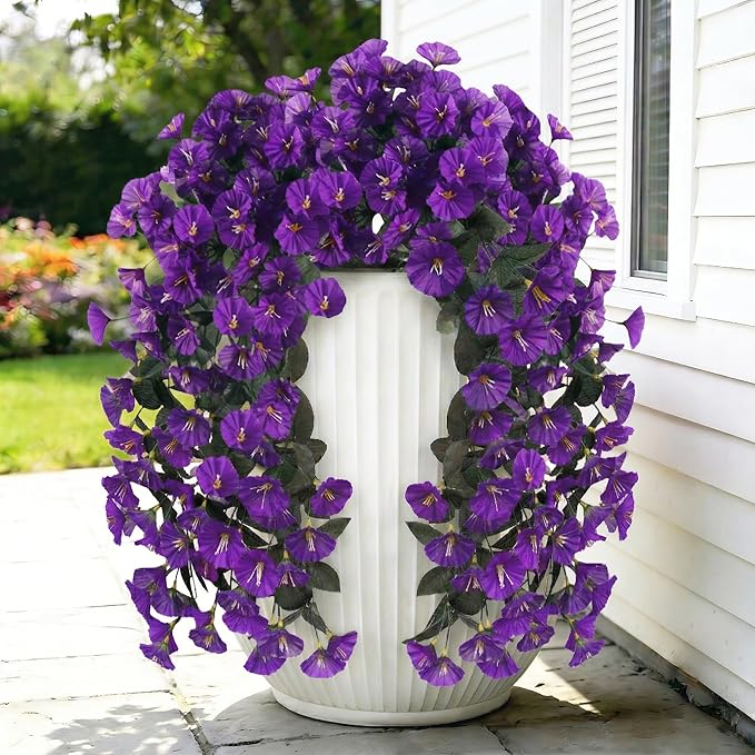 Artificial Flowers for Outdoors Fake Purple Morning Glory Hanging Flower Decoration, 2Pcs Realistic Faux Plants Petunias Long Trailing Vines,Spring Decor for Porch Patio Balcony Planter Yard