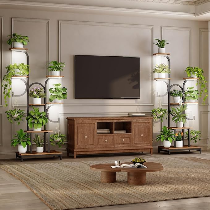 HOOBRO Plant Stand Indoor with Grow Lights, 63" Corner Plant Stand for Indoor Plants, 7 Tiered Metal Corner Shelf with 2 Hanging Basket Spots, for Home, Living Room, Rustic Brown and Black BF12DHJ01