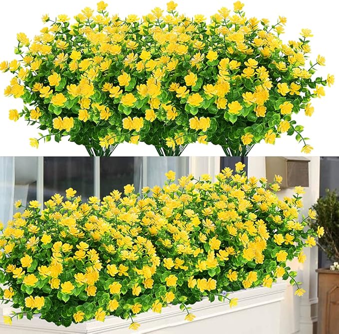 24 Bundles Outdoor Artificial Flowers UV Resistant Fake Boxwood Plants, Faux Greenery for Indoor Outside Hanging Plants Garden Porch Window Box Home Wedding Farmhouse Décor (Yellow)