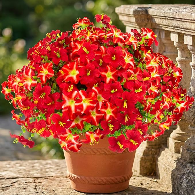 Daynight 32 Pcs Faux Petunias Artificial Flowers Plants for Outdoor Plant Decoration, UV Resistant Fake Petunias Realistic Silk Flowers for Porch Yard Garden Window Decor (32, Red)