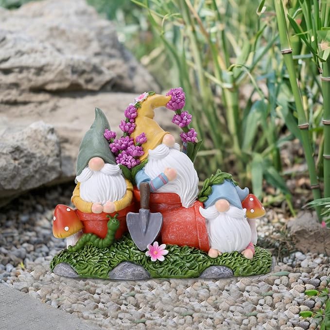 Garden Gnome Statue, Gnomes Figurine on Flower Pot with Floret and Mushrooms, Waterproof Resin Outdoor Decor for Patio Lawn Yard Home Tabletop Decoration